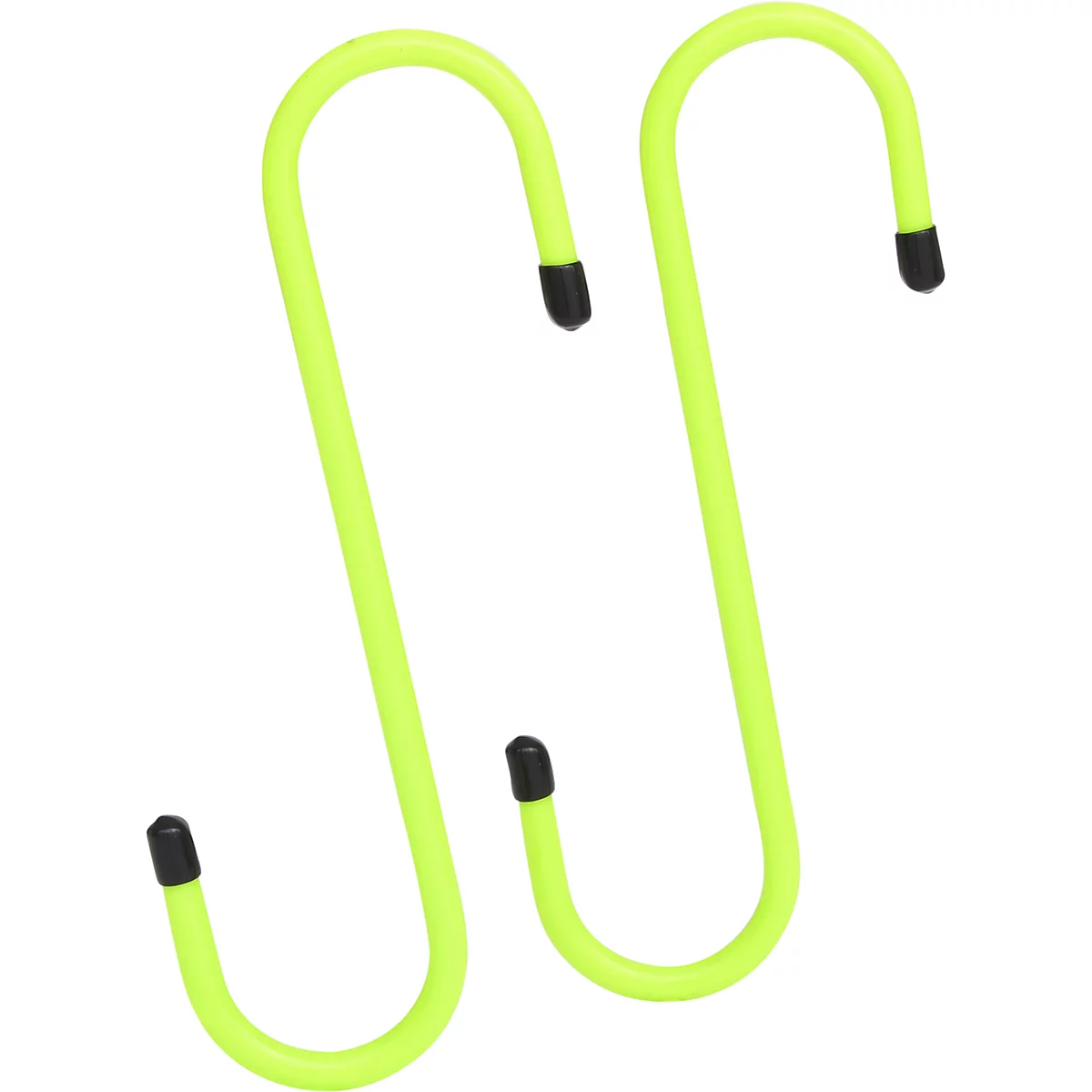 Zwei gelb-grüne S-Haken, mit schwarzen Gummikappen an den Enden, vor weißem Hintergrund.